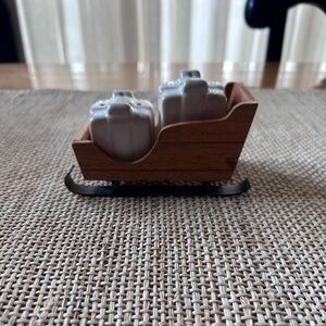 NIB Pottery Barn Holiday Present 3pc Sleigh Salt & Pepper Set.